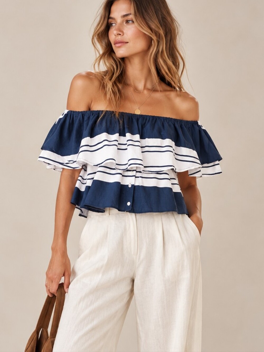 FAITHFULL THE BRAND Salerno Off Shoulder Ruffle Top Blue White Clarmont Stripe 4